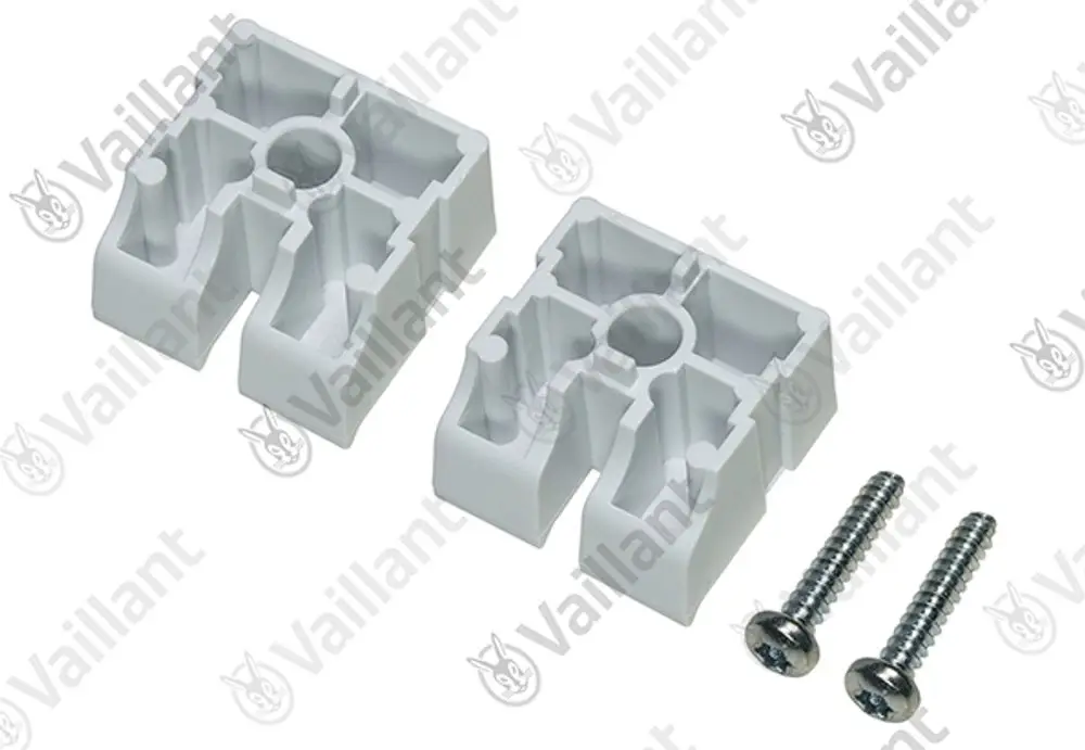 Zwei weiße Abstandshalter und zwei Schrauben von Vaillant, die für die Montage verwendet werden können. Die Abstandshalter haben eine geometrische Form.